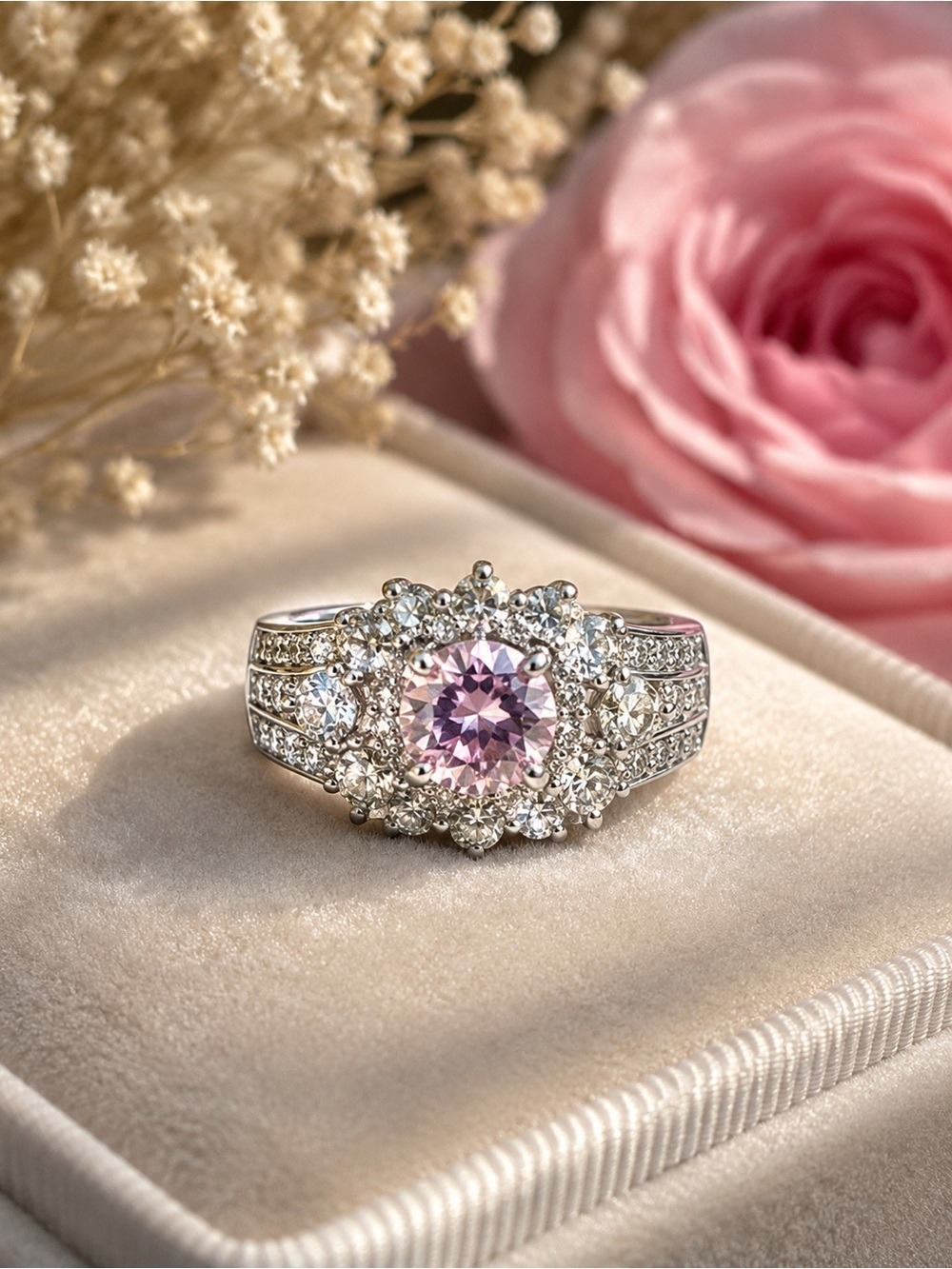 Sparkling Pink Halo CZ Ring • Wide Band Statement Cocktail Ring • Size 10 (RSC)